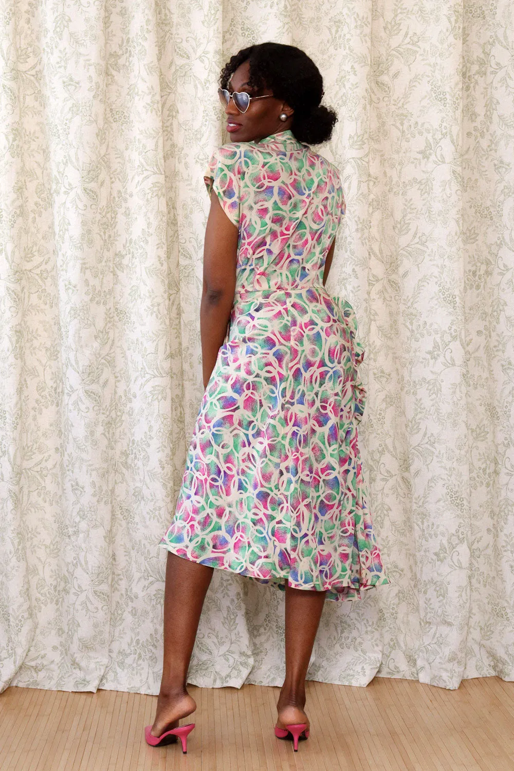 1940s Ruched Ruffle Silk Dress M