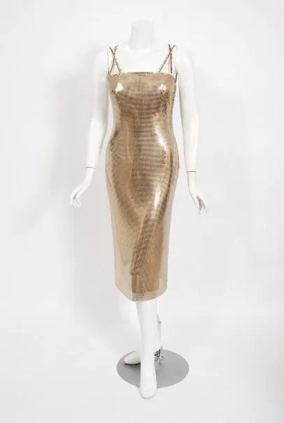 1998 Gianni Versace Couture Documented Runway Gold Metal Mesh Hourglass Dress