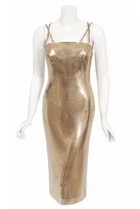 1998 Gianni Versace Couture Documented Runway Gold Metal Mesh Hourglass Dress