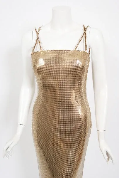 1998 Gianni Versace Couture Documented Runway Gold Metal Mesh Hourglass Dress