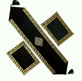 3 Pcs Table Runner set in Velvet Versace Design Black