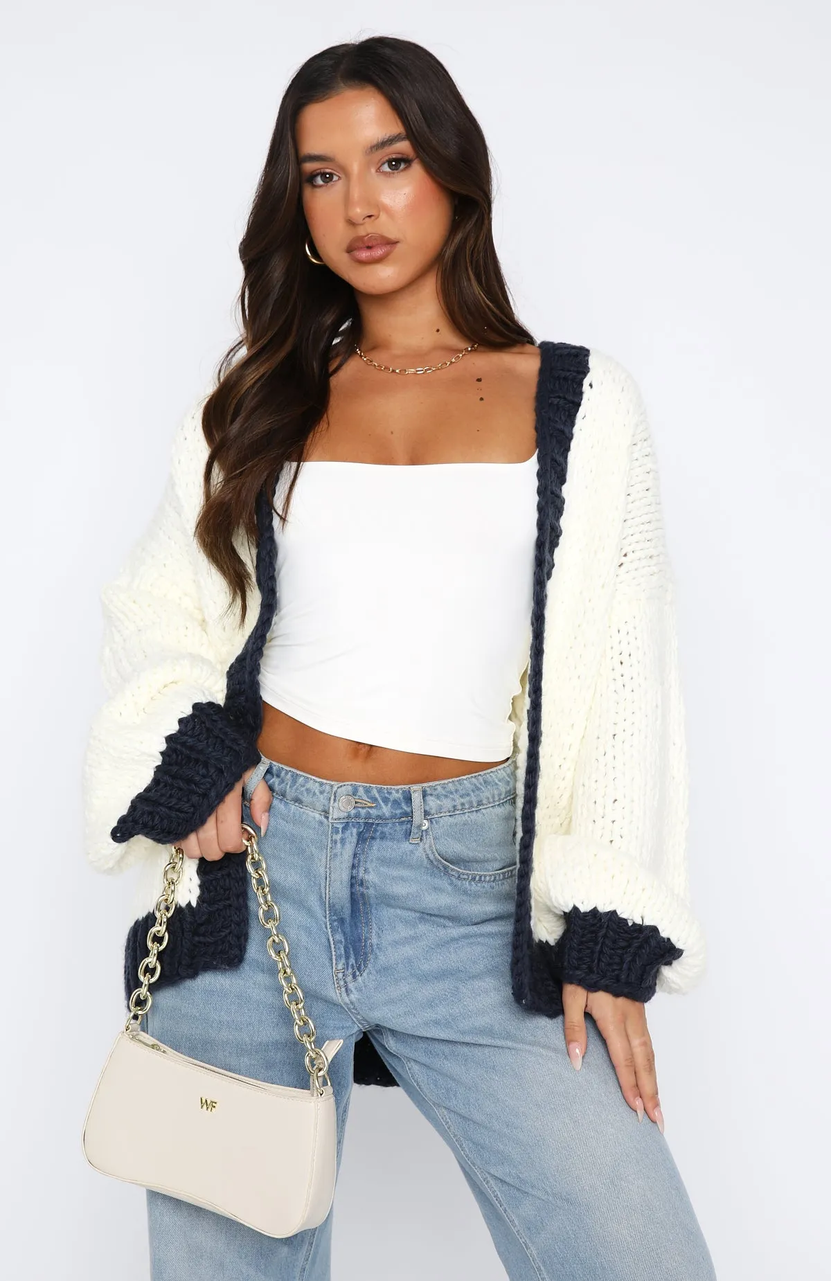 A Little Too Much Knit Cardigan Cream/Navy