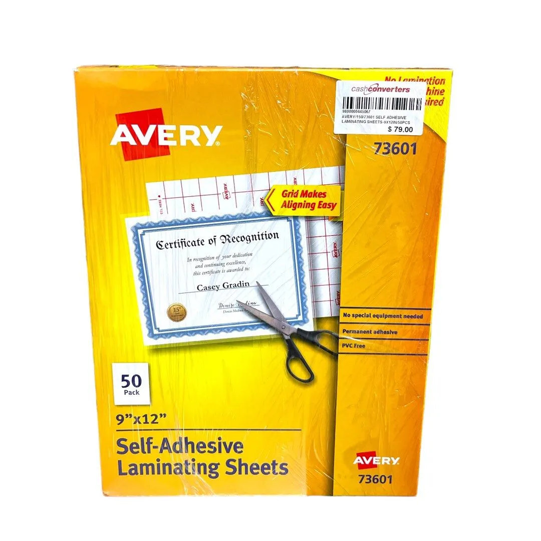 Avery Self-Adhesive Laminating Sheets, 9" x 12", Box of 50,-Case Pack of 10 (73601)