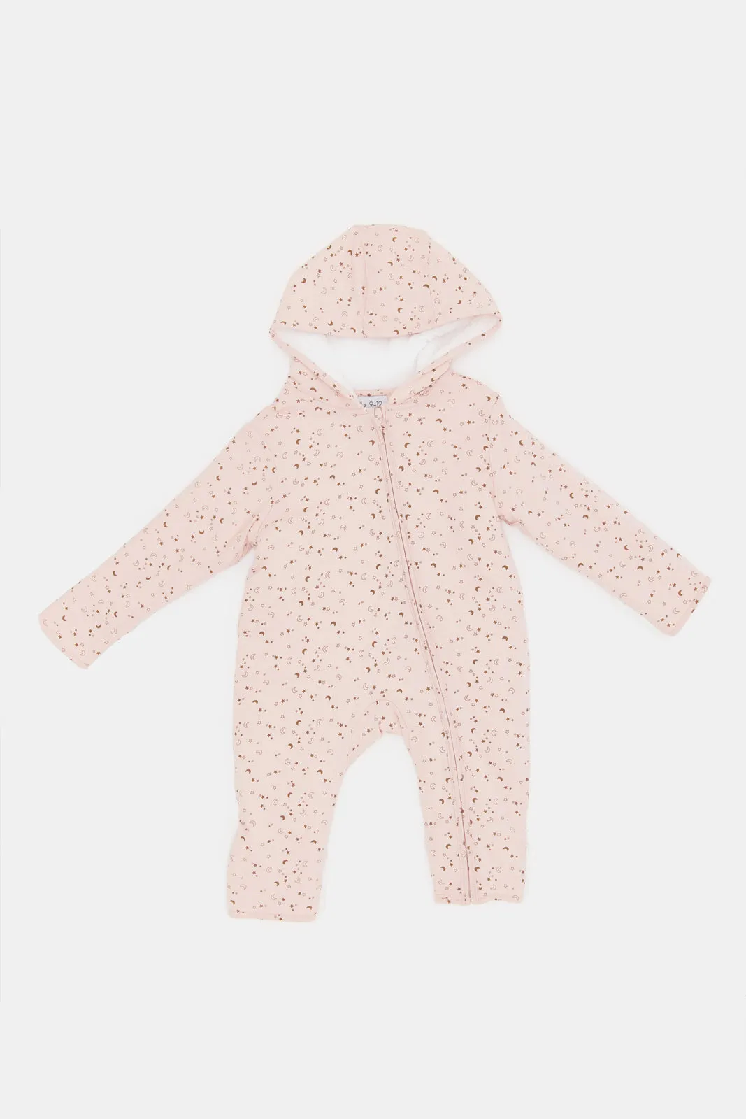 Babies Pink Printed Hooded Jumpsuit Coat