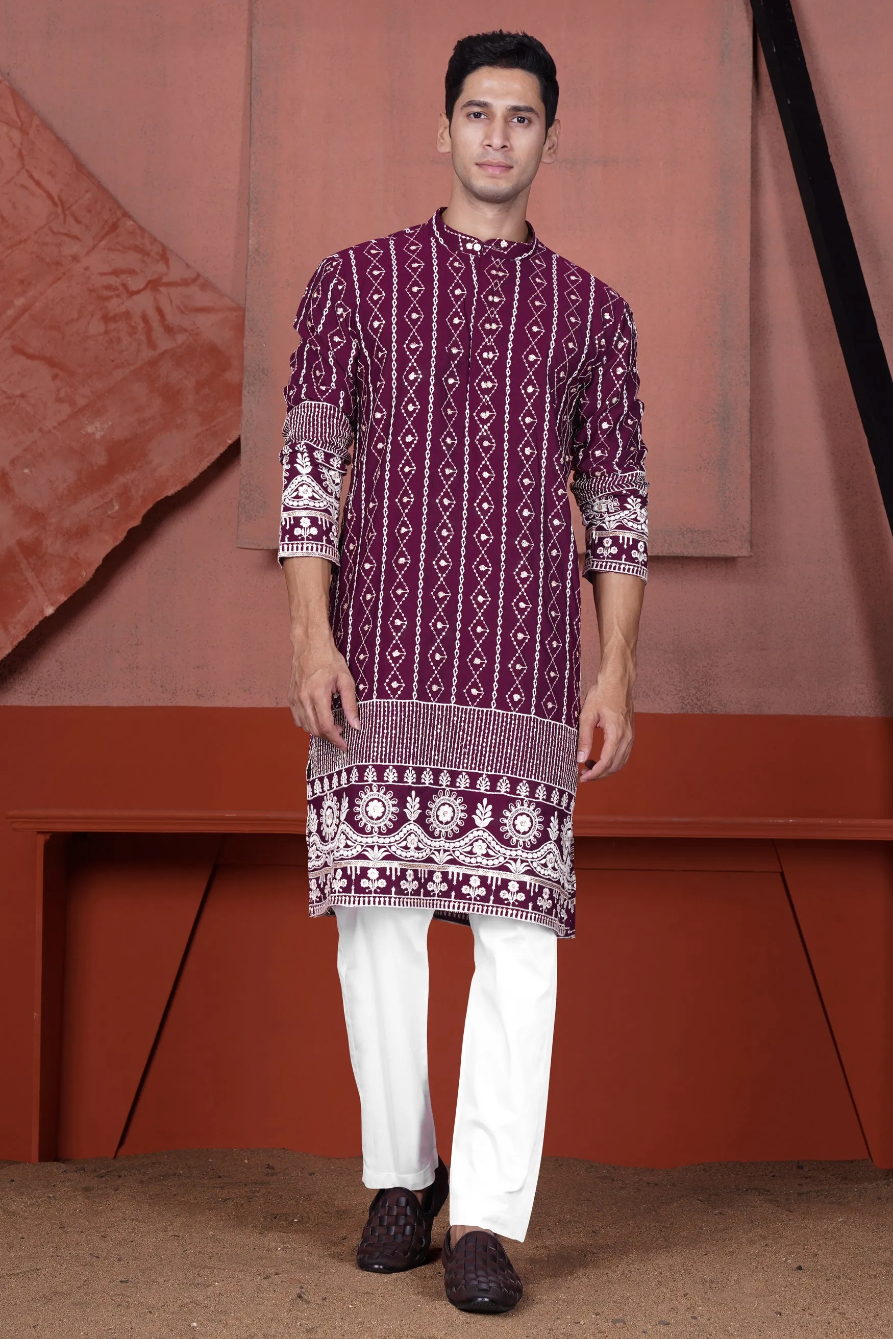 Barossa Purple and Bright White Embroidered Viscose Designer Kurta Set