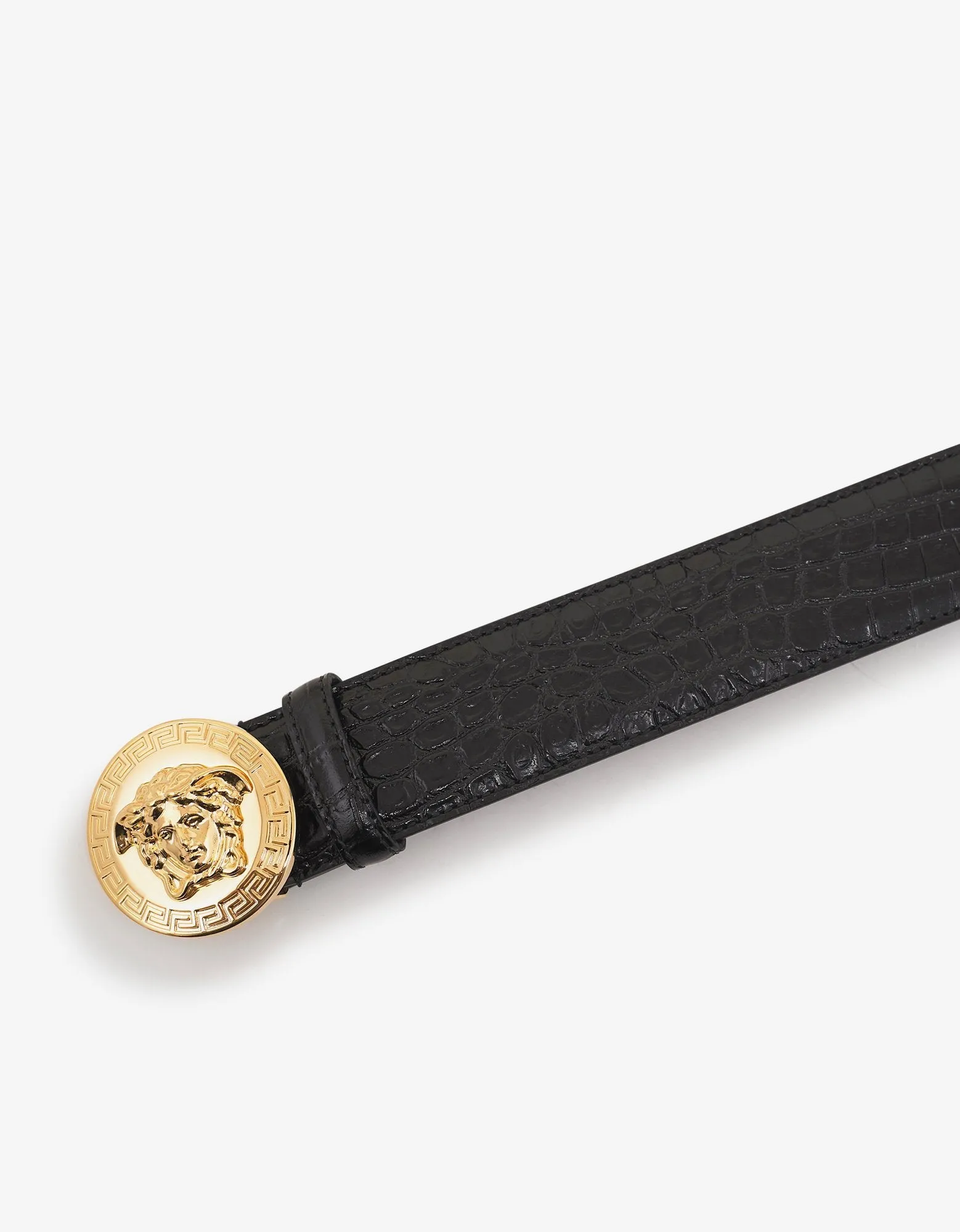 Black Mock Croc Leather Medusa Buckle Belt -