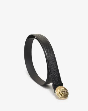 Black Mock Croc Leather Medusa Buckle Belt -