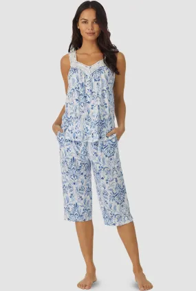 Blue Damask Sleeveless Top Crop Pant PJ Set