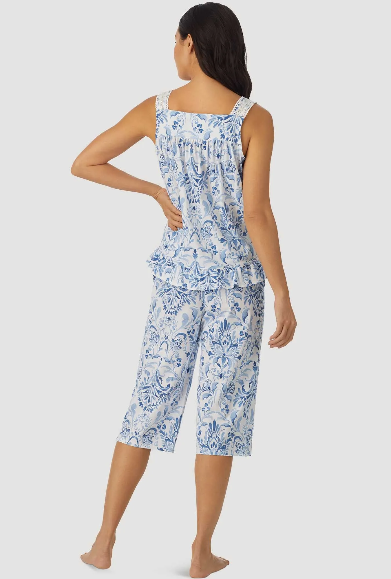 Blue Damask Sleeveless Top Crop Pant PJ Set