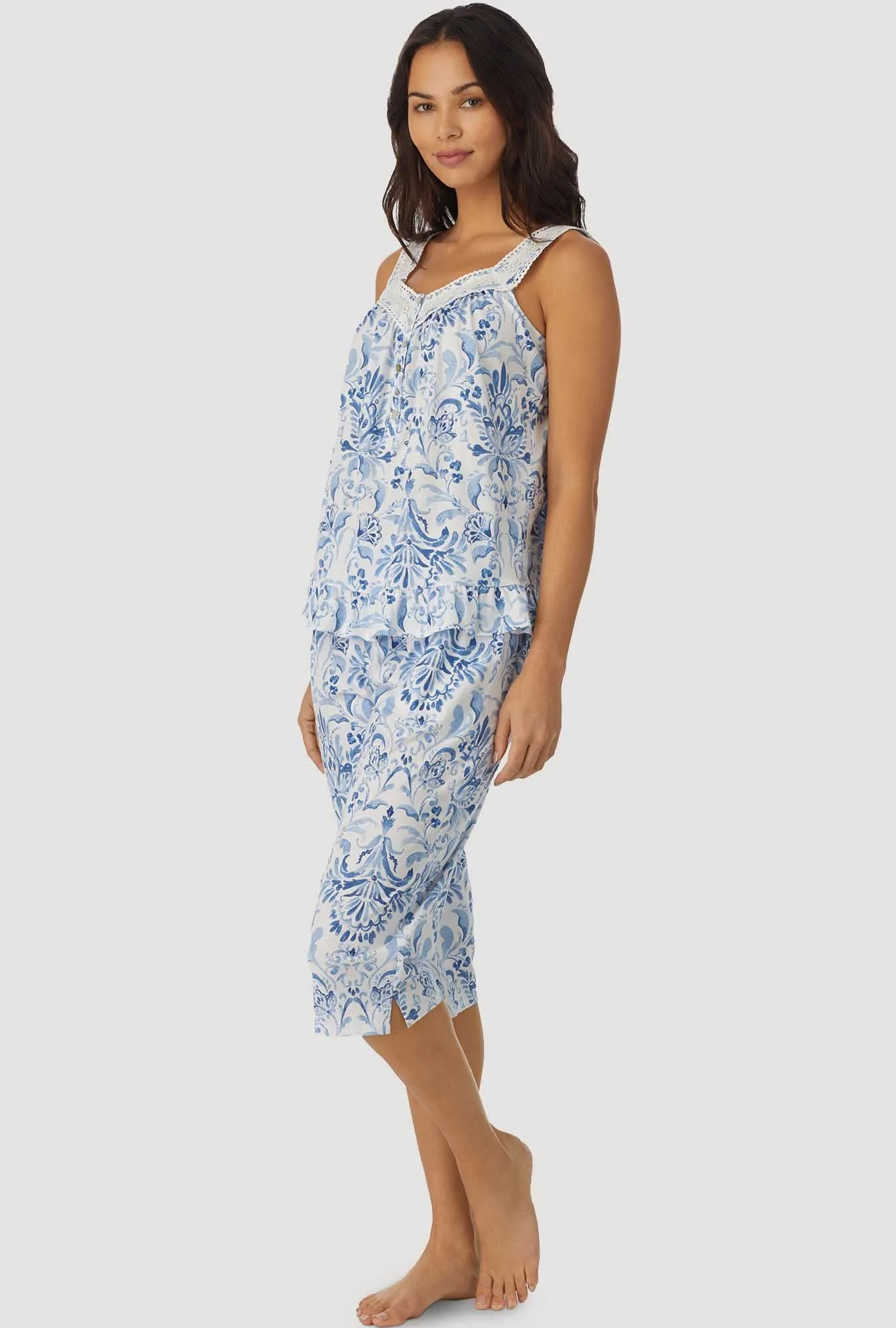 Blue Damask Sleeveless Top Crop Pant PJ Set