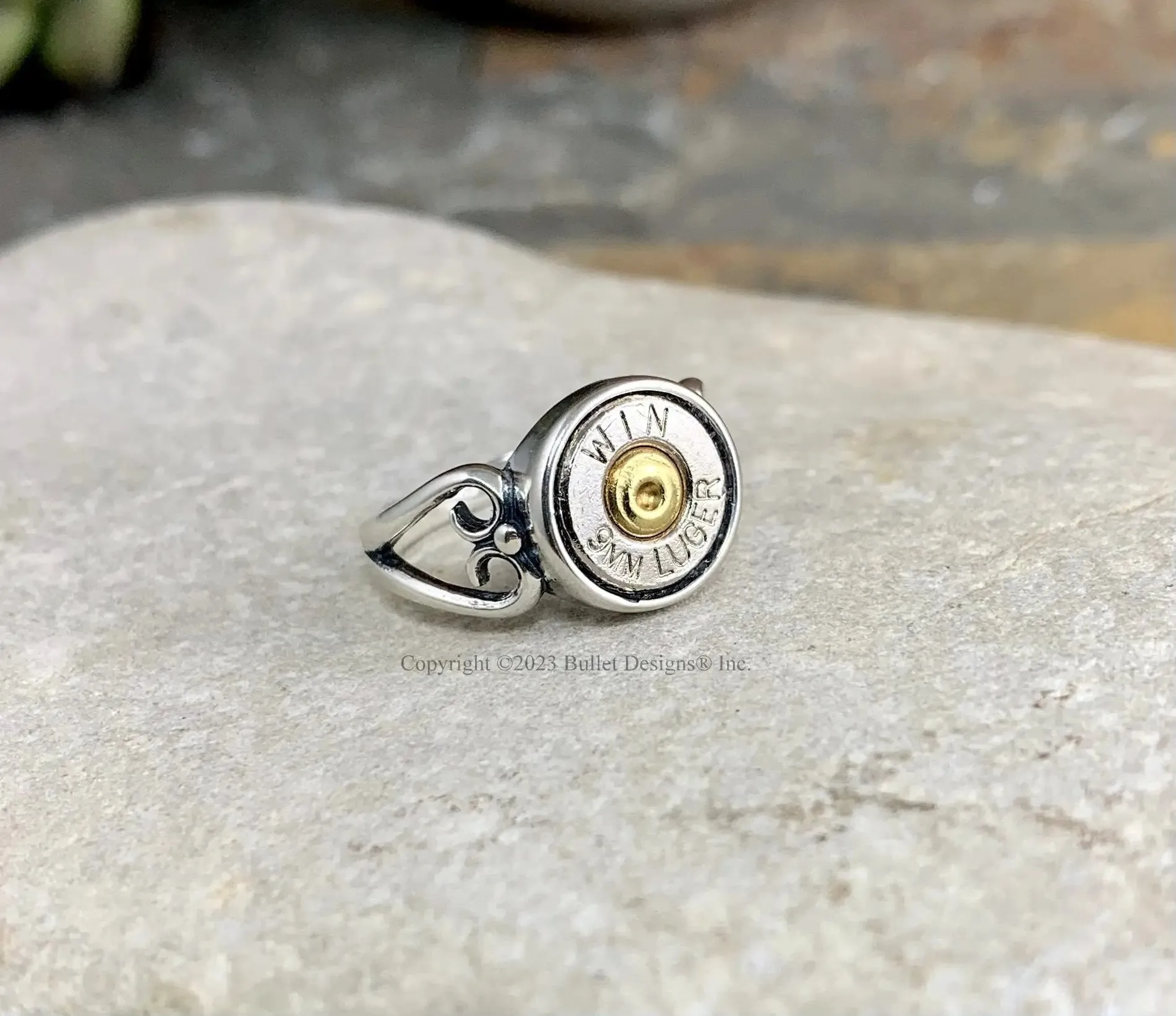 Custom 9mm Sterling Silver Heart Bullet Ring, Winchester