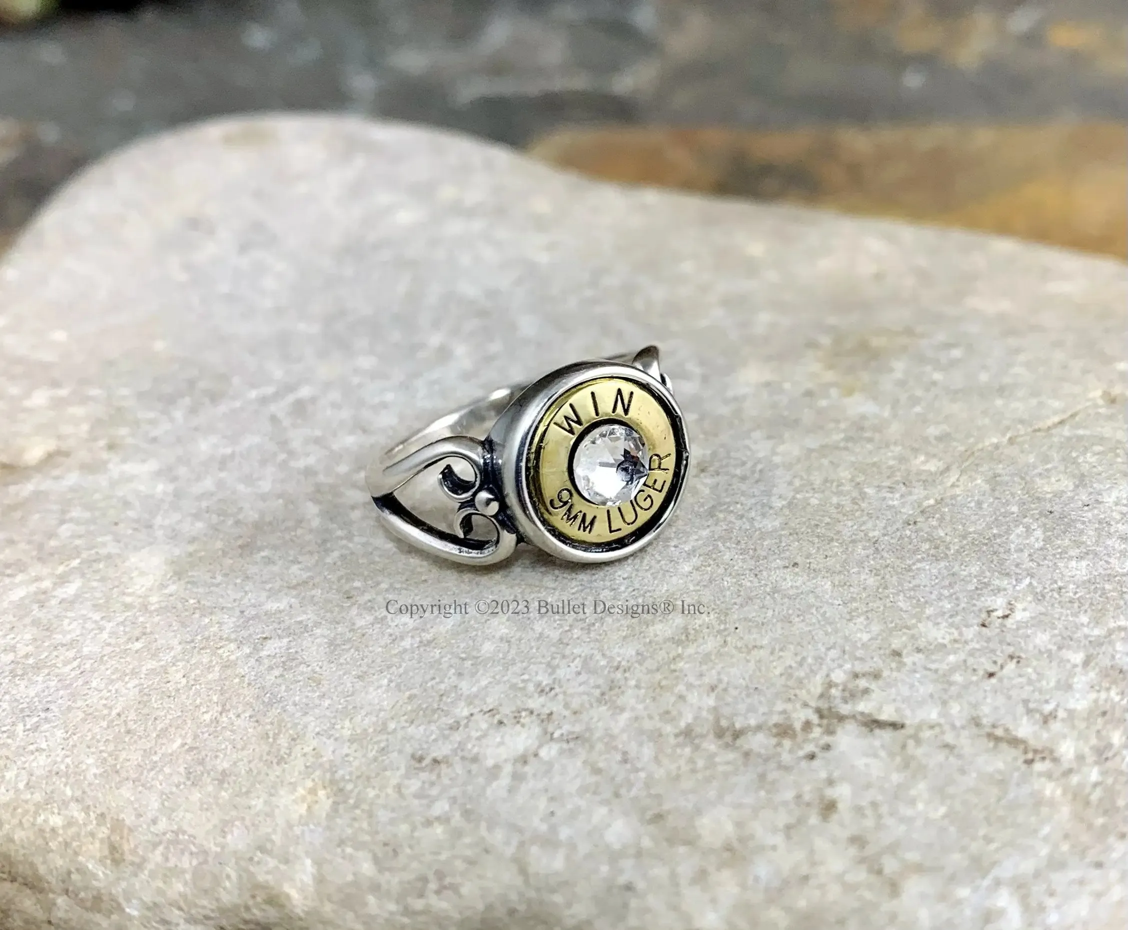 Custom 9mm Sterling Silver Heart Bullet Ring, Winchester