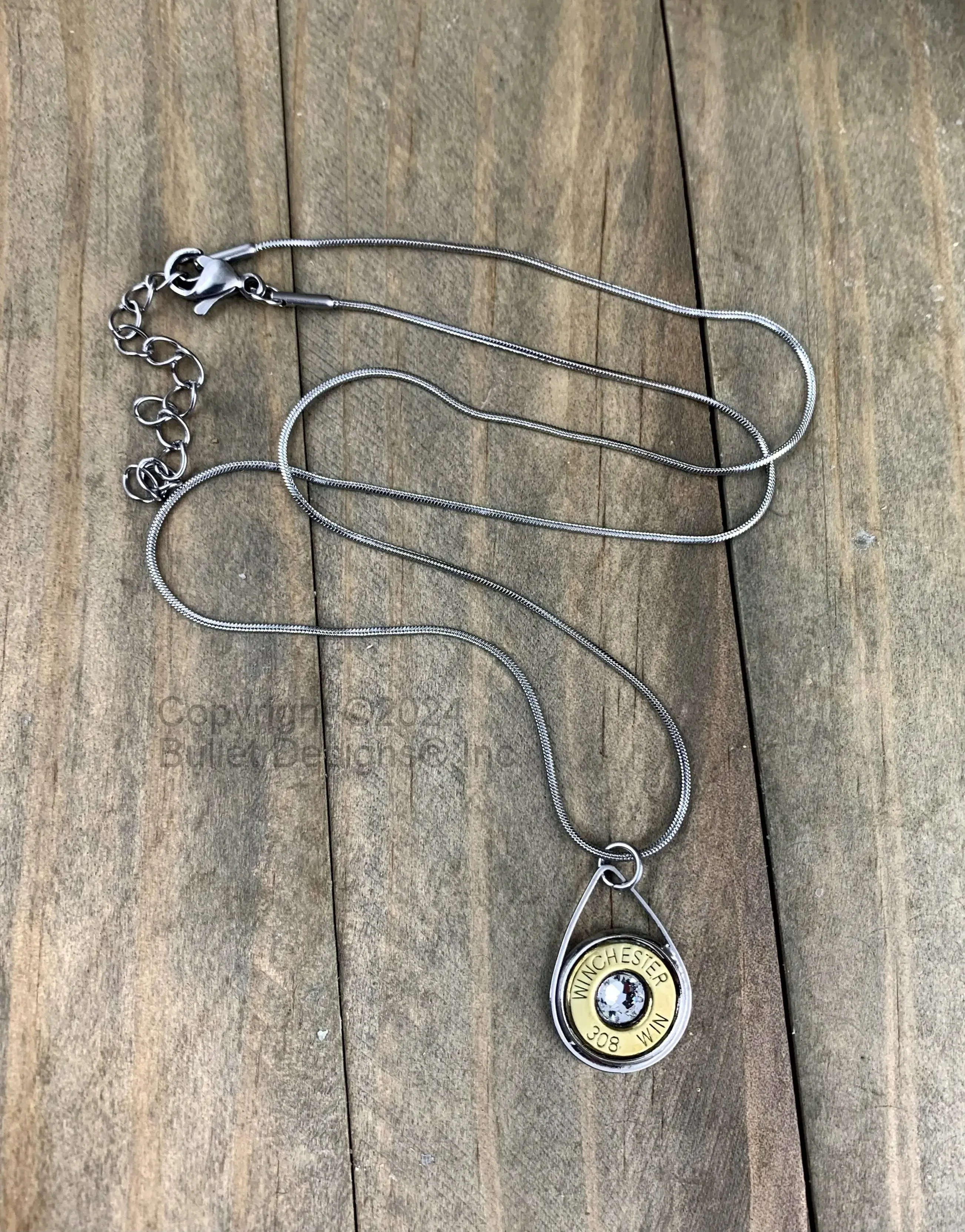 Custom Teardrop Bullet Necklace in your choice of Nickel or Brass(shown) bullet, 308(Shown), other calibers available, Swarovski Crystal