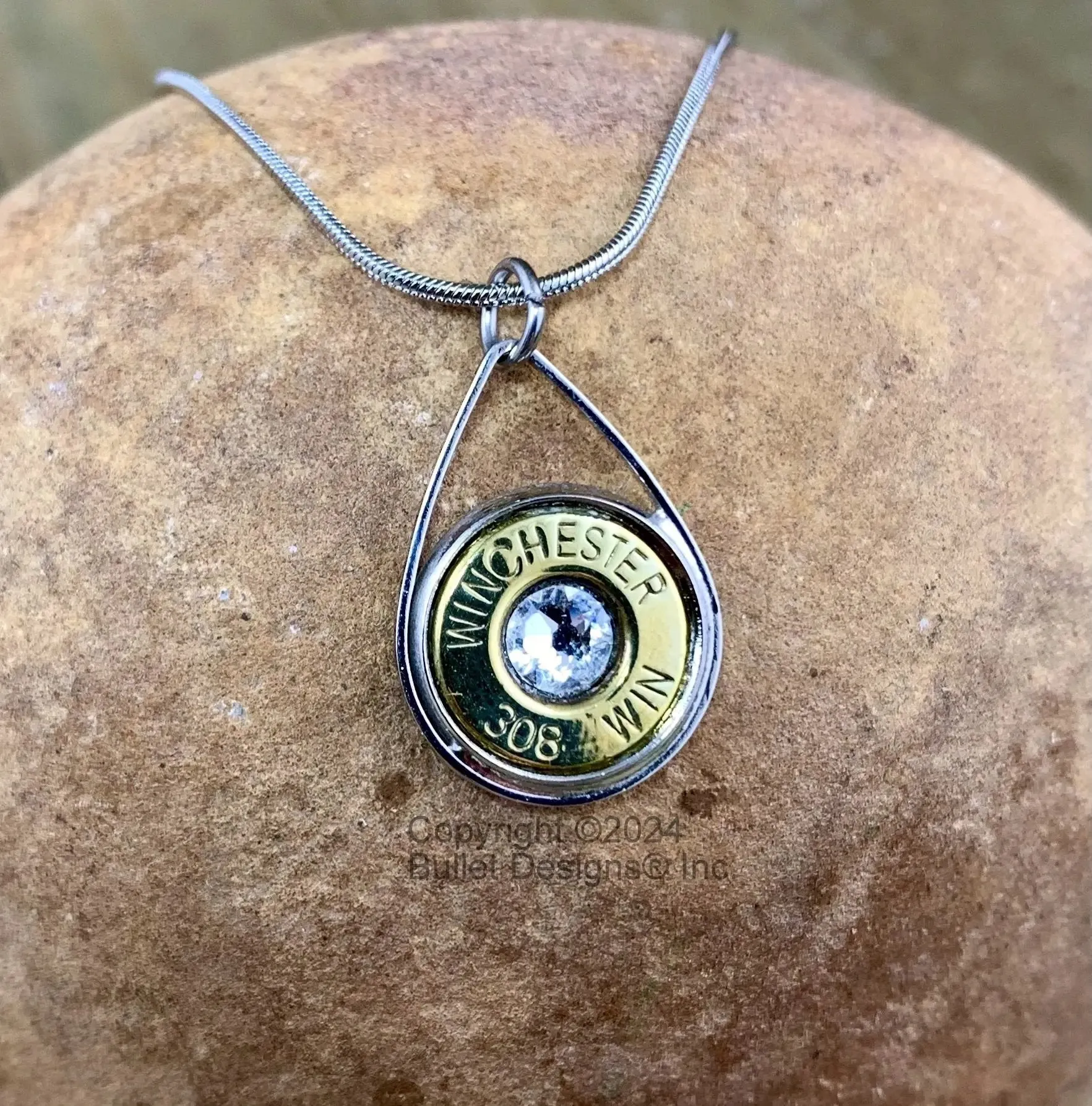 Custom Teardrop Bullet Necklace in your choice of Nickel or Brass(shown) bullet, 308(Shown), other calibers available, Swarovski Crystal