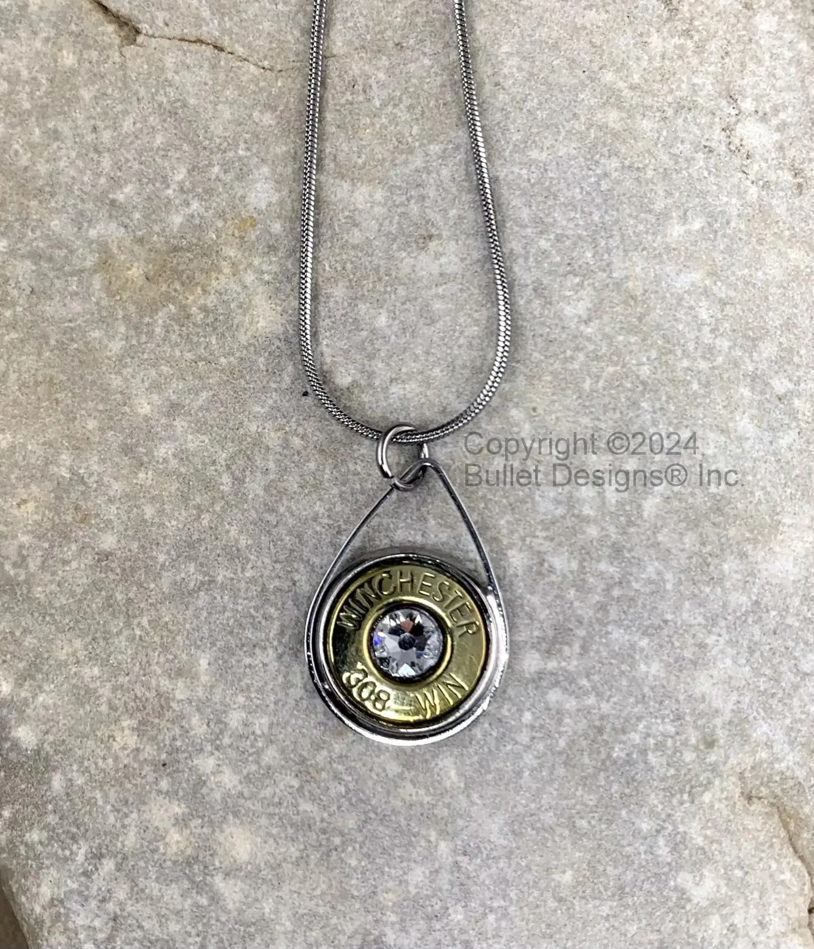 Custom Teardrop Bullet Necklace in your choice of Nickel or Brass(shown) bullet, 308(Shown), other calibers available, Swarovski Crystal