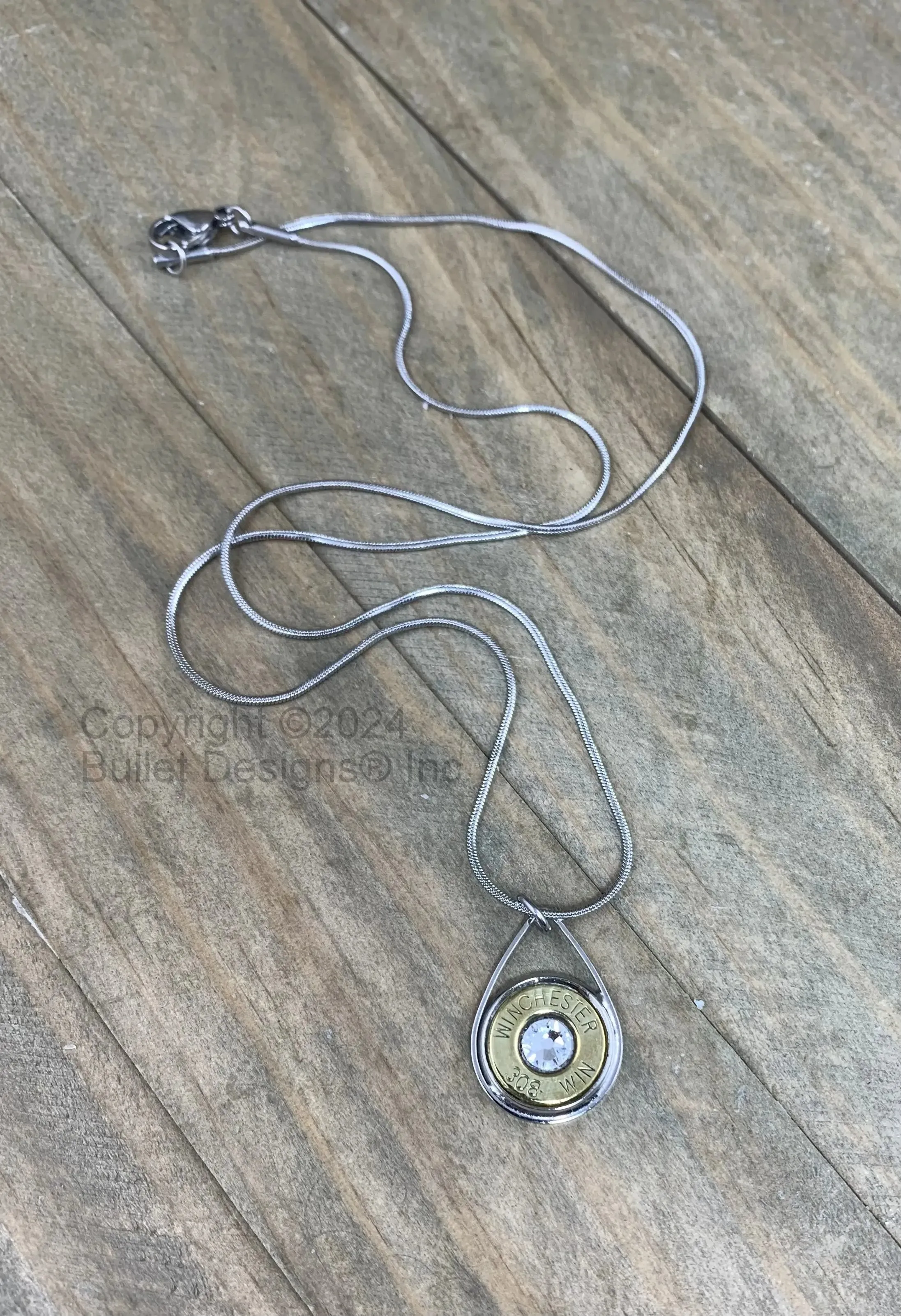 Custom Teardrop Bullet Necklace in your choice of Nickel or Brass(shown) bullet, 308(Shown), other calibers available, Swarovski Crystal