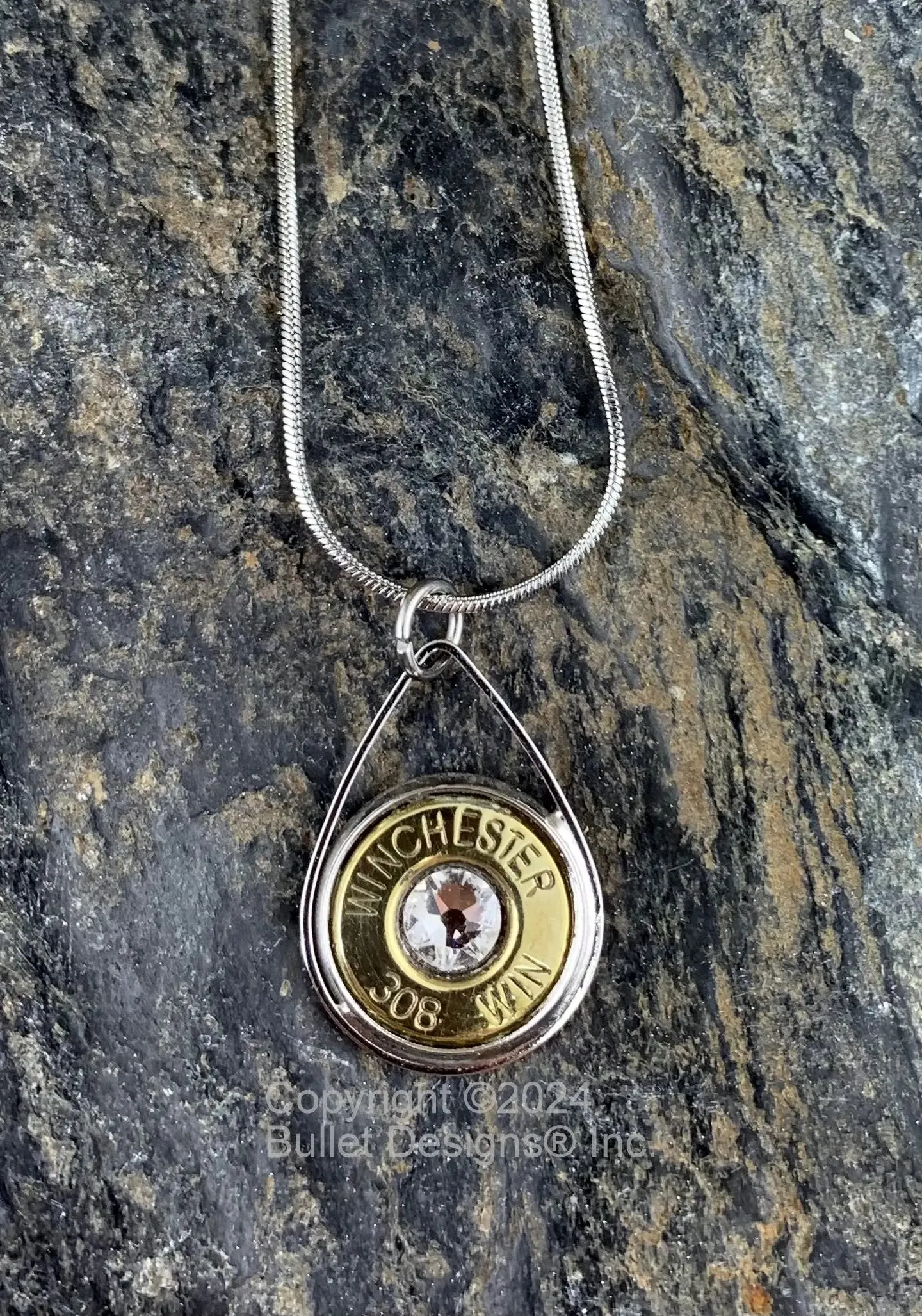 Custom Teardrop Bullet Necklace in your choice of Nickel or Brass(shown) bullet, 308(Shown), other calibers available, Swarovski Crystal