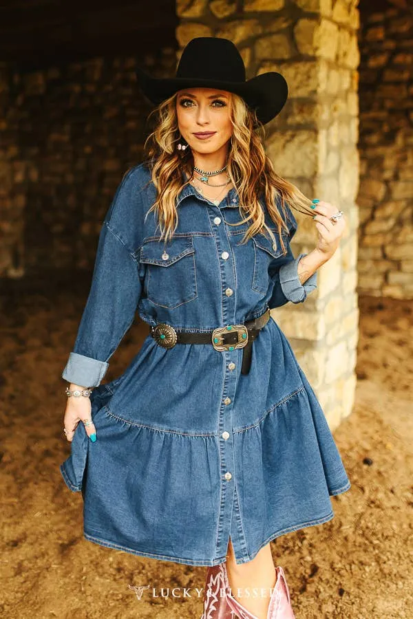 Dark Wash Denim Button Down Layered Dress