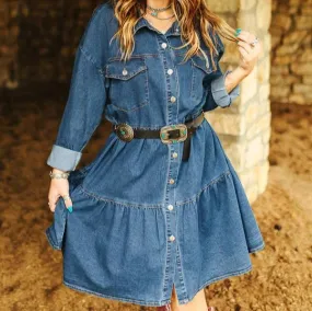 Dark Wash Denim Button Down Layered Dress