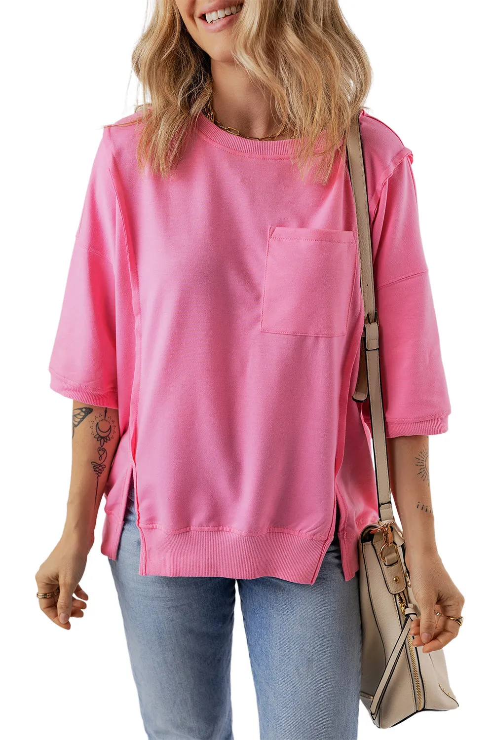 Exposed Seam Split Loose T Shirt