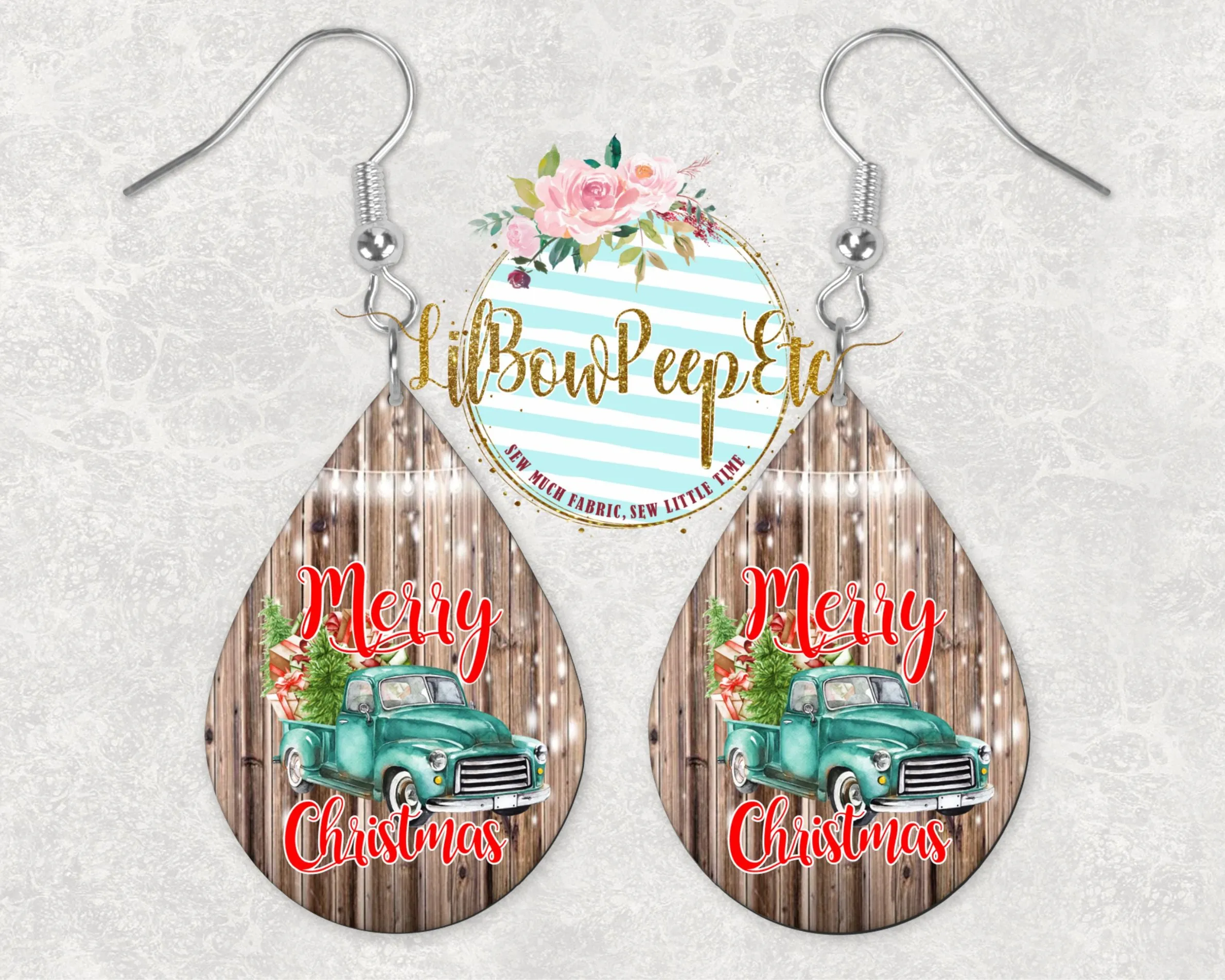 Hardboard Earrings Merry Christmas Vintage Blue Truck