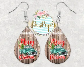 Hardboard Earrings Merry Christmas Vintage Blue Truck