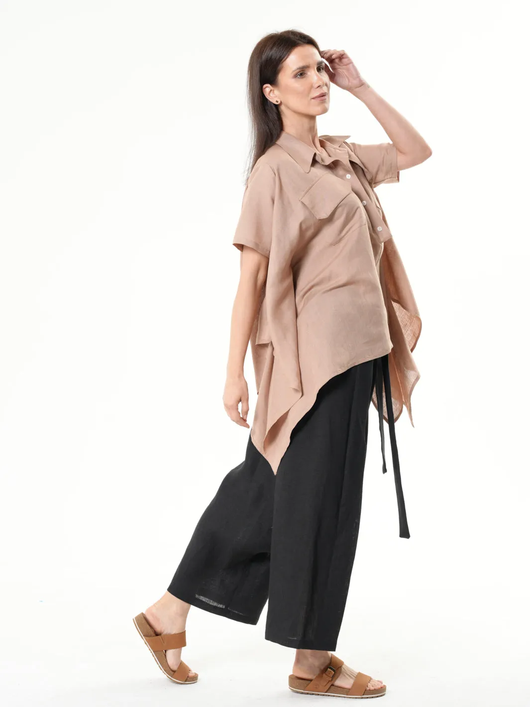 Loose Linen Shirt In Camel