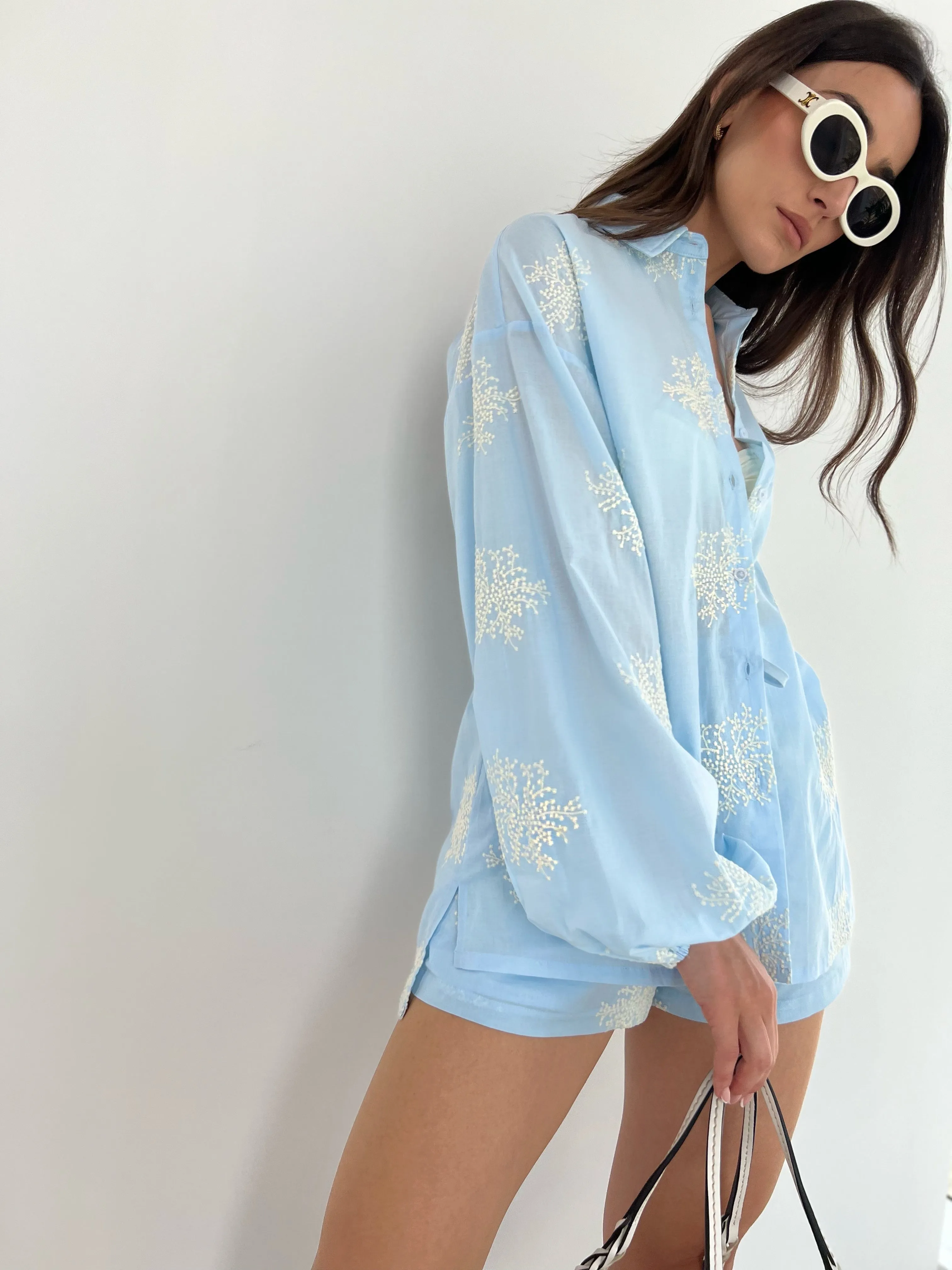 Loren Cotton Embroidered Shirt | Sky Blue