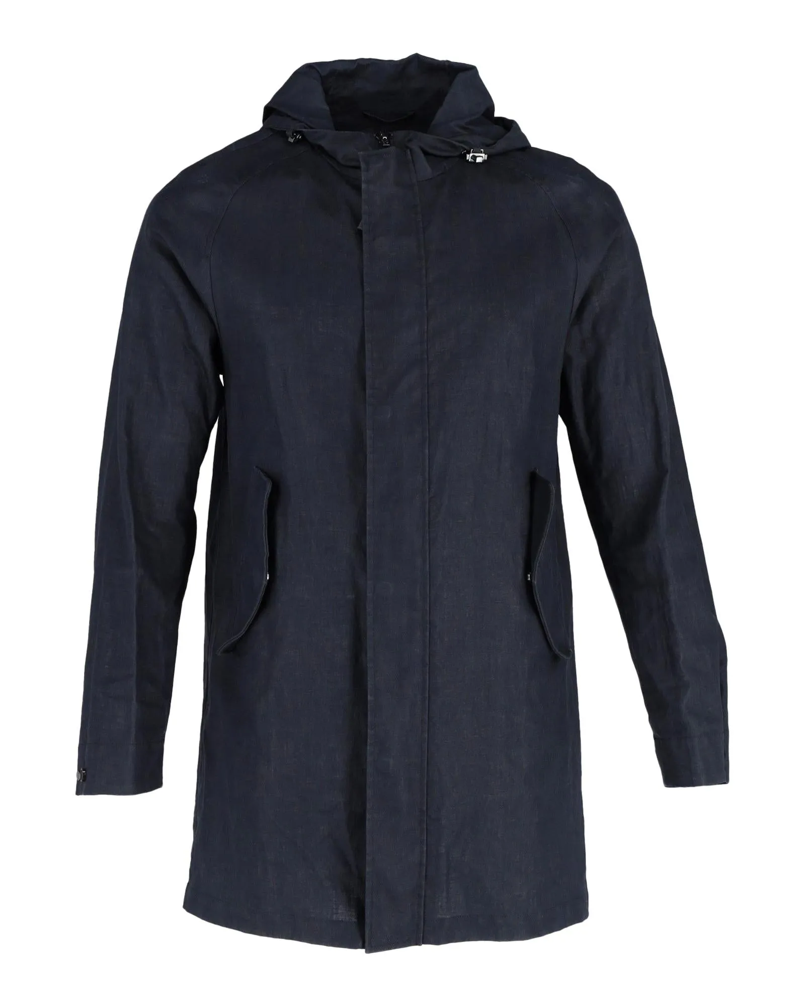 Navy Linen Hooded Coat with Water and Wind Resistance Technology