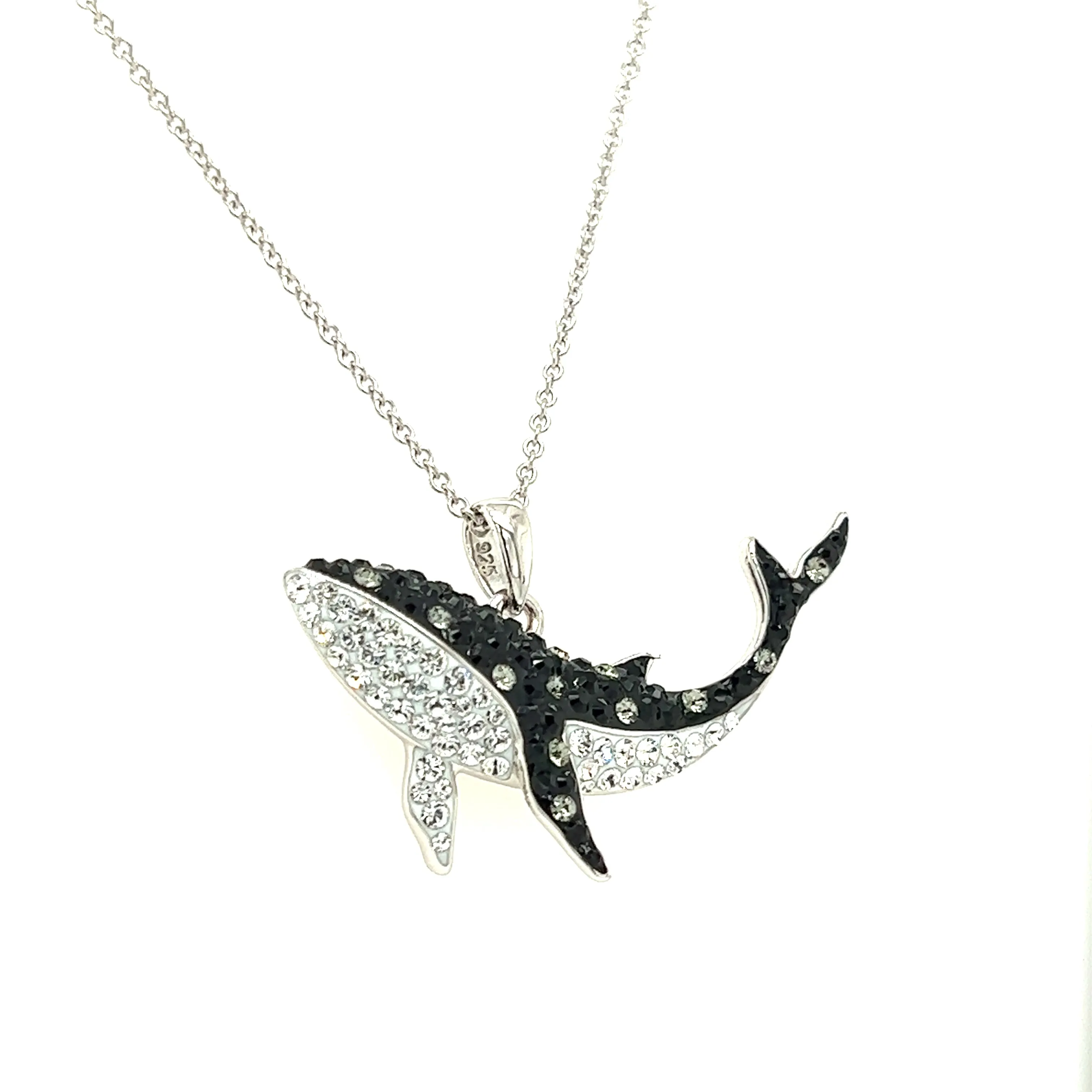 Orca Whale Necklace with Black and White Crystals in Sterling Silver