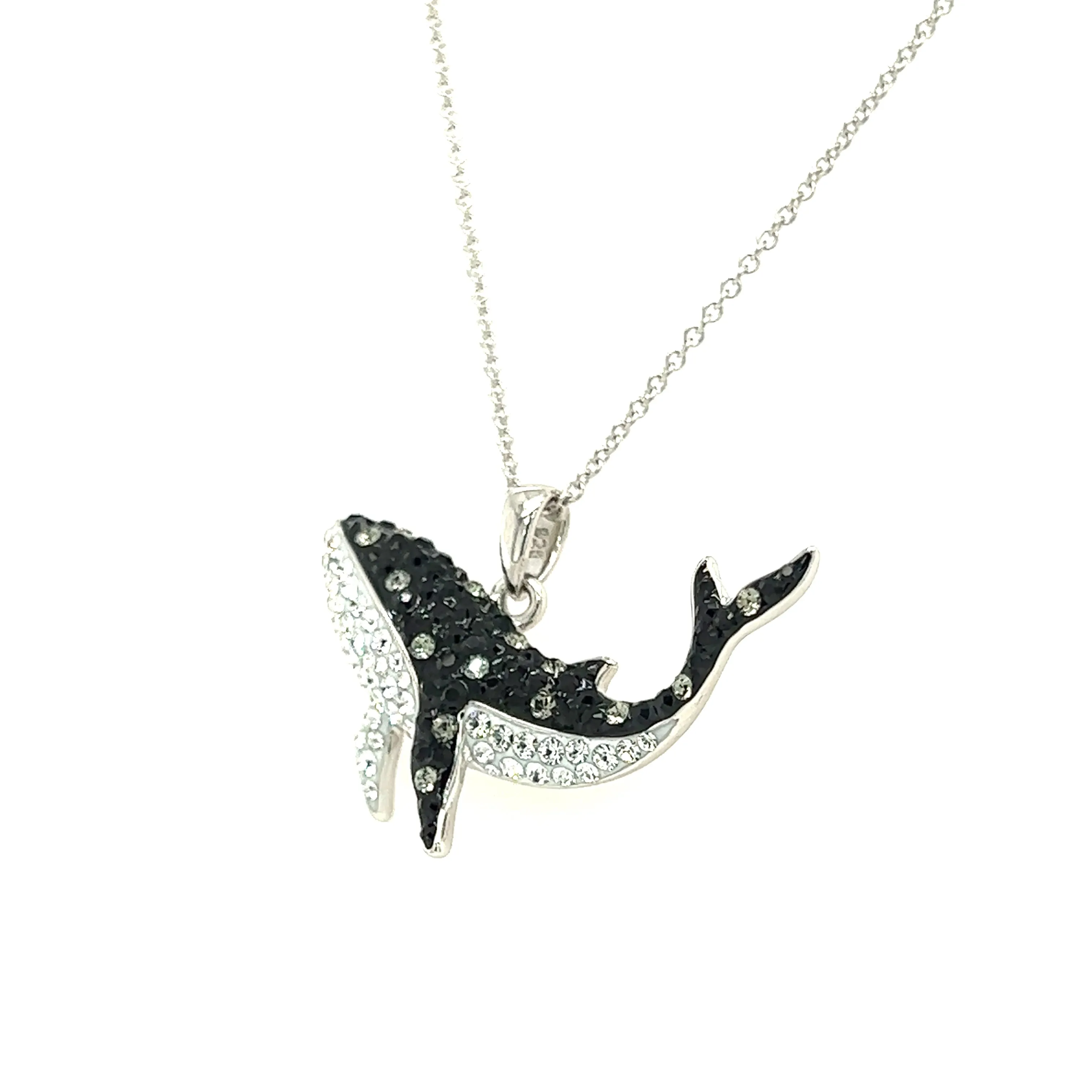 Orca Whale Necklace with Black and White Crystals in Sterling Silver