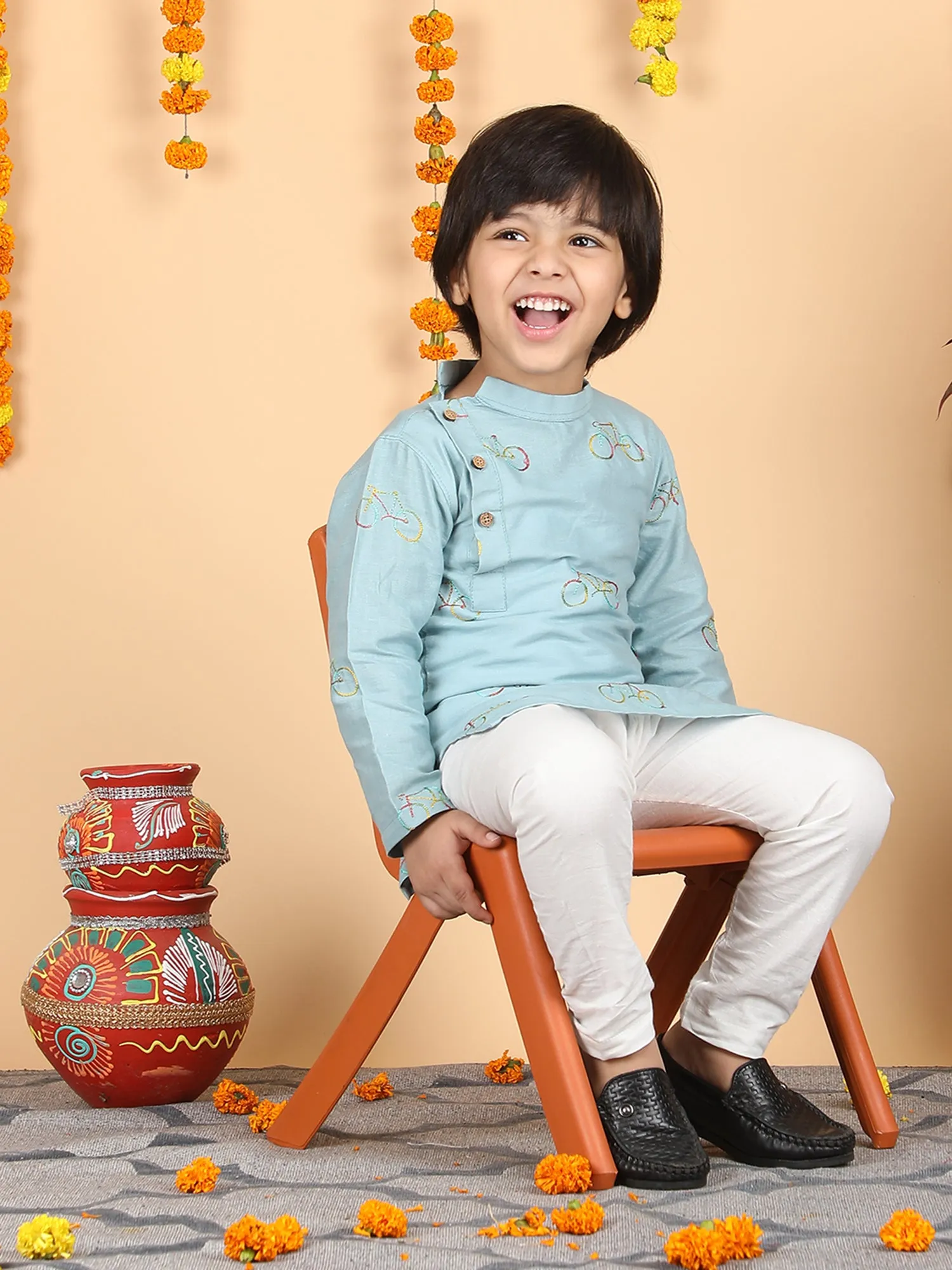 Polka Tots Full Sleeve Cycle Embroidery Kurta Pyjama Set - Blue