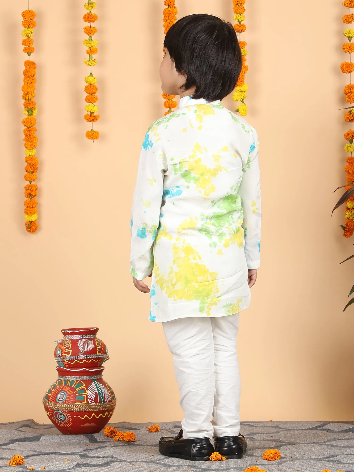 Polka Tots Full Sleeve Splash print Ethnic Kurta Pyjama Set - Multicolor