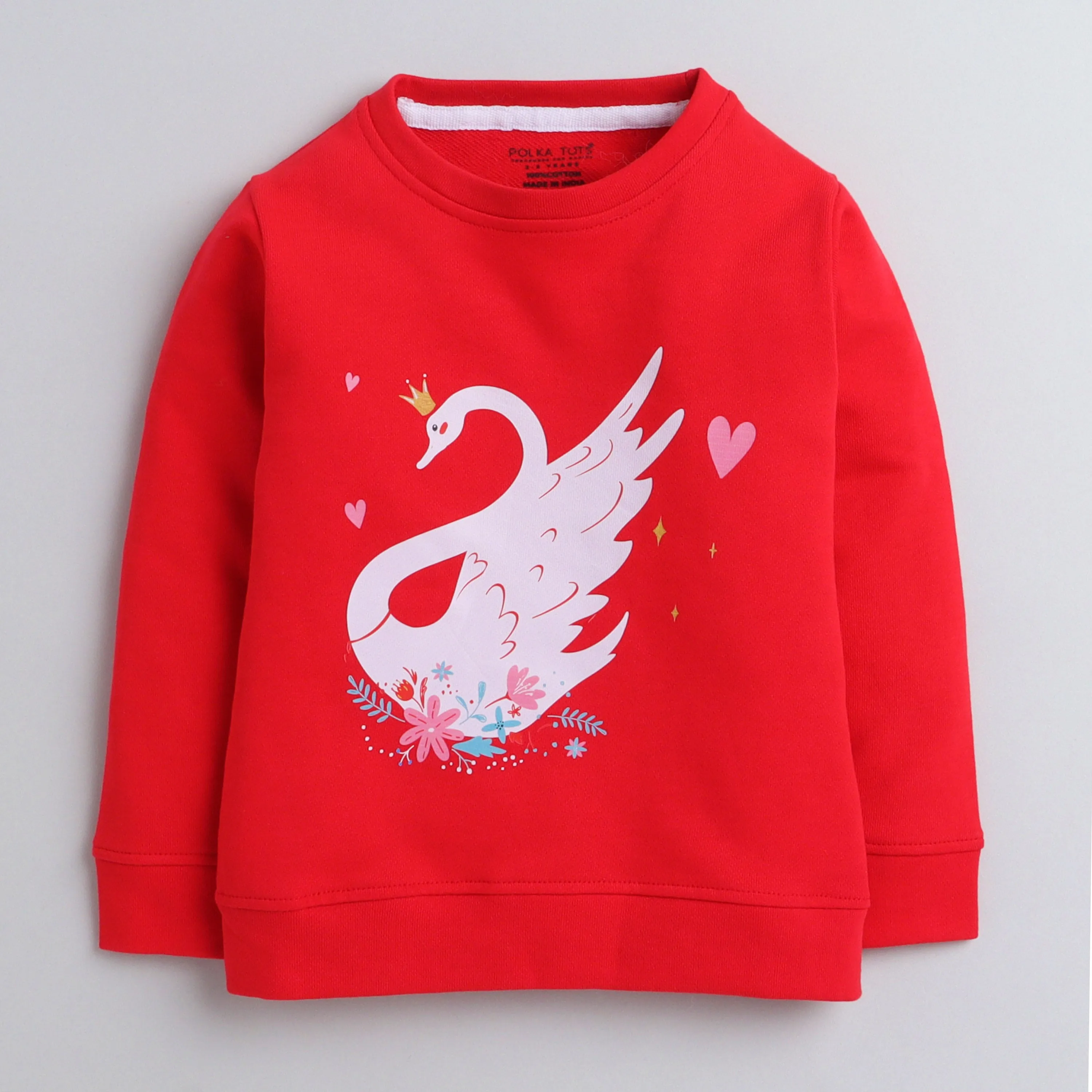 Polka Tots Full Sleeves Sweatshirt Swan with Flowers Red