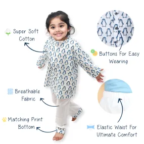 Polka Tots Kurta Pajama for Kids 100% Super Soft Cotton Night Suits for Boys & Girls Penguin Blue