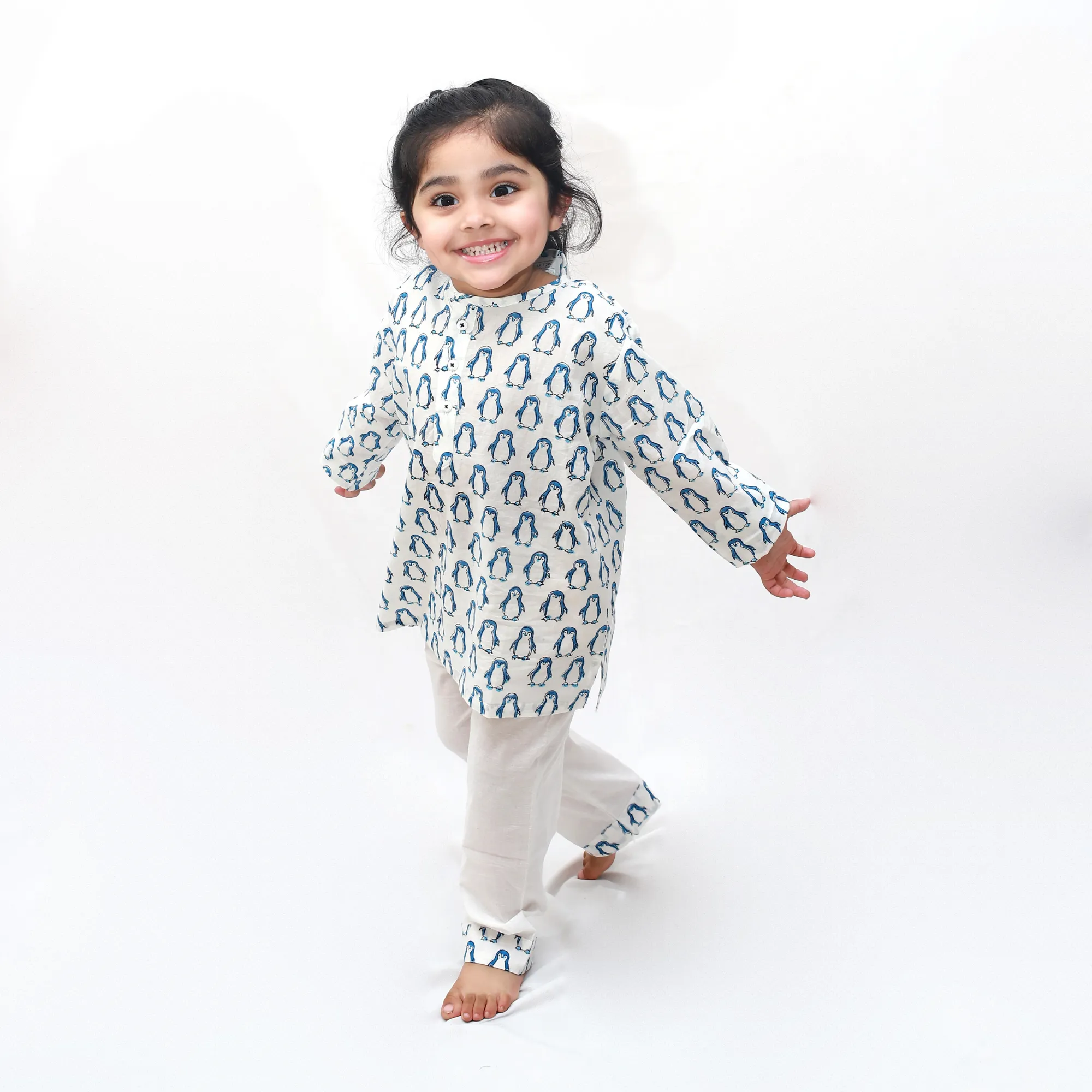 Polka Tots Kurta Pajama for Kids 100% Super Soft Cotton Night Suits for Boys & Girls Penguin Blue