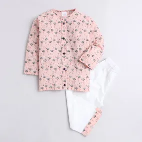 Polka Tots Kurta Pyjama Set Front Open Swan Print  - Peach