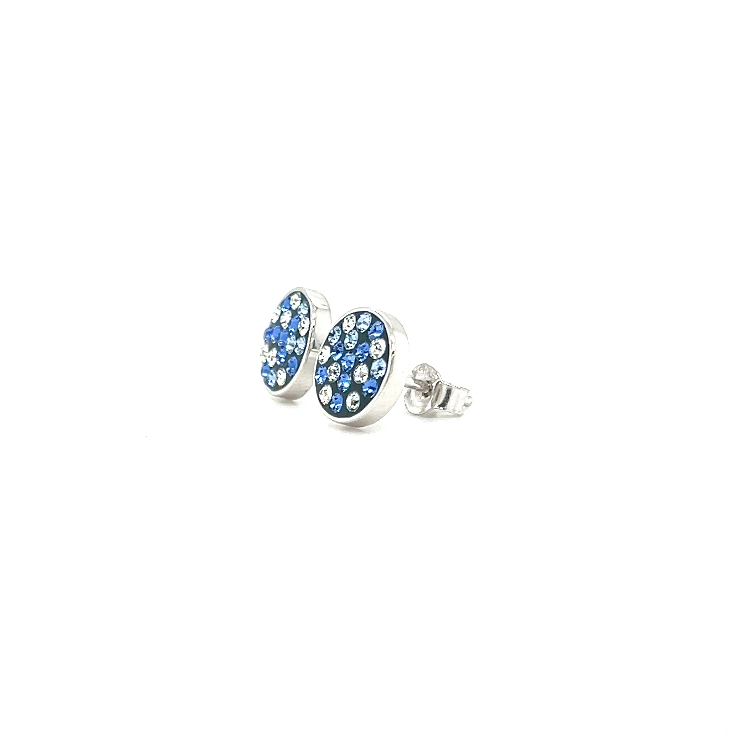 Round Blue Post Earrings with Blue and White Crystals in Sterling Silver