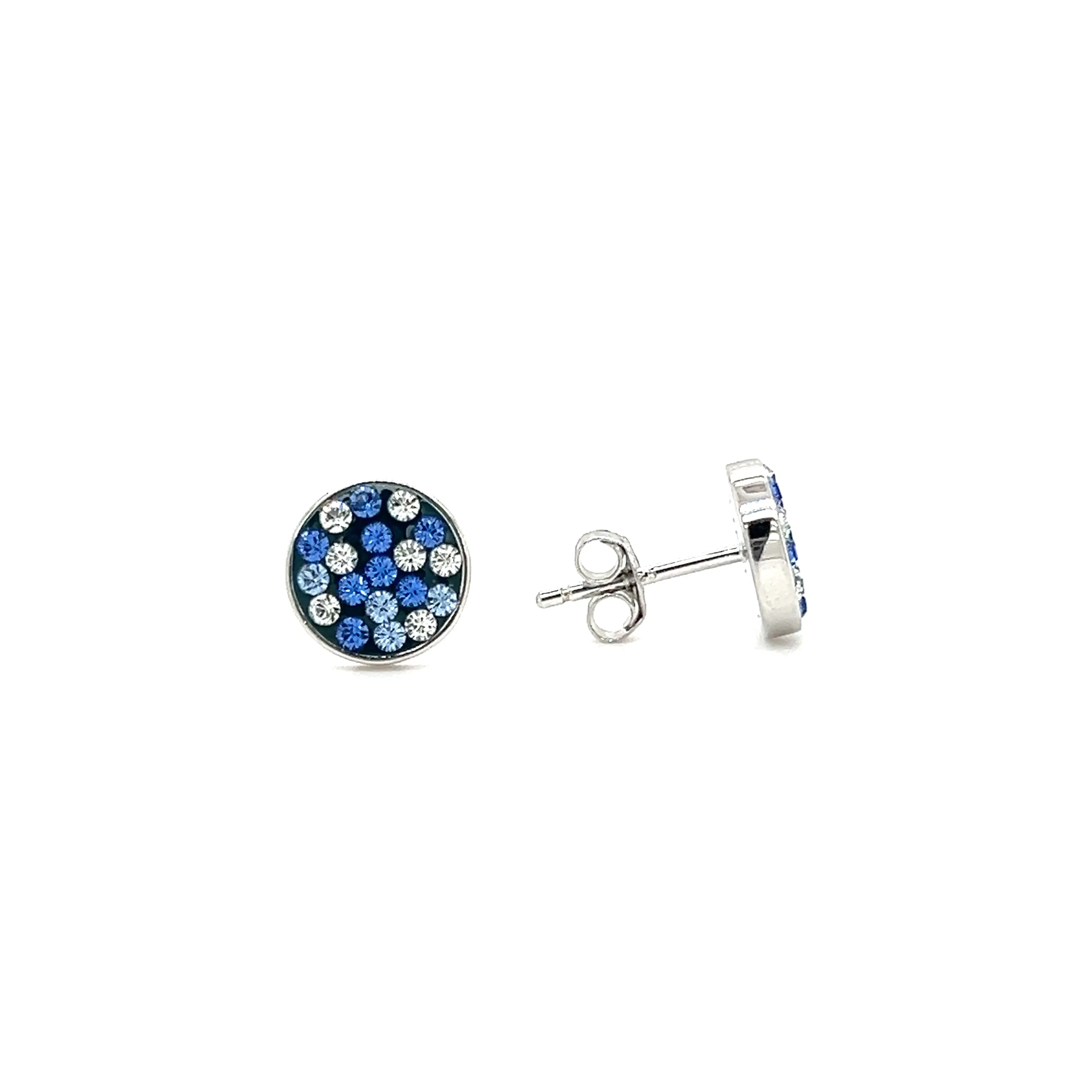 Round Blue Post Earrings with Blue and White Crystals in Sterling Silver