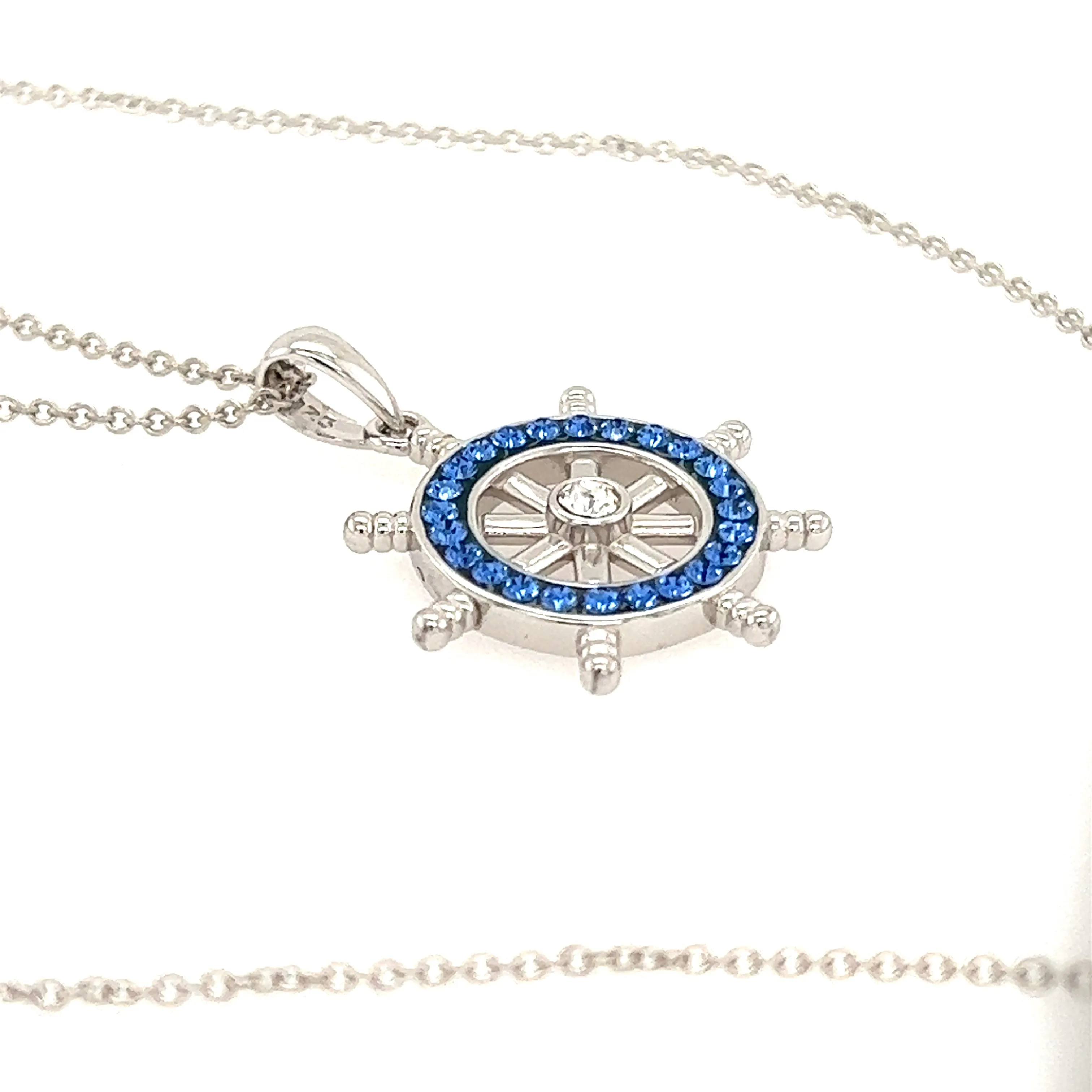 Ship's Wheel Necklace with Blue Crystals in Sterling Silver