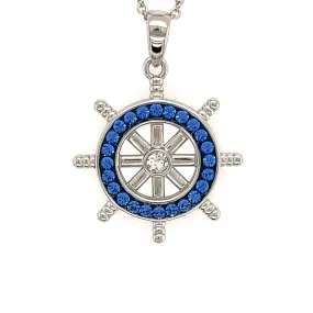 Ship's Wheel Necklace with Blue Crystals in Sterling Silver