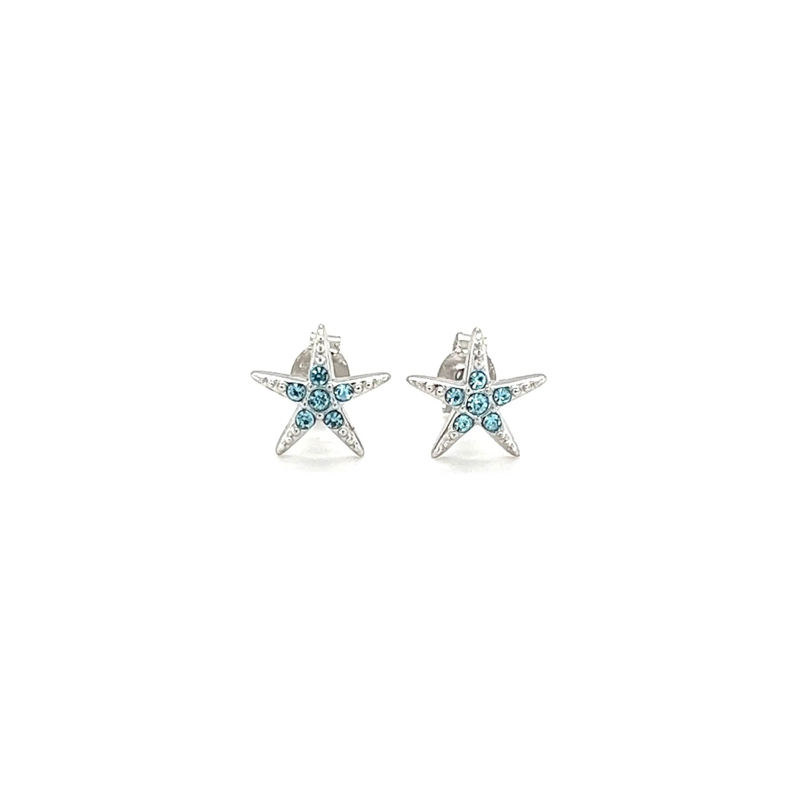 Starfish Stud Earrings with Aqua Crystals in Sterling Silver