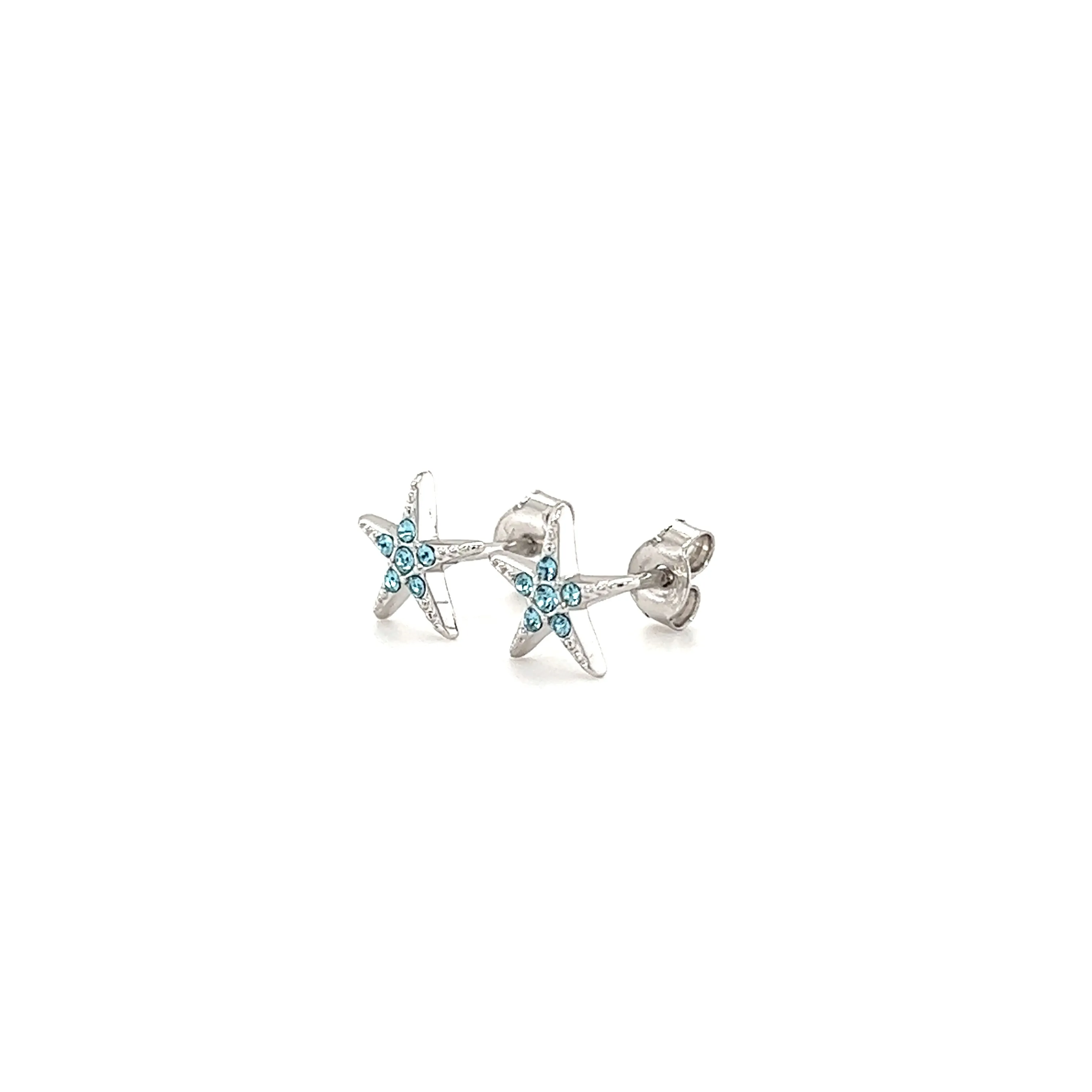 Starfish Stud Earrings with Aqua Crystals in Sterling Silver