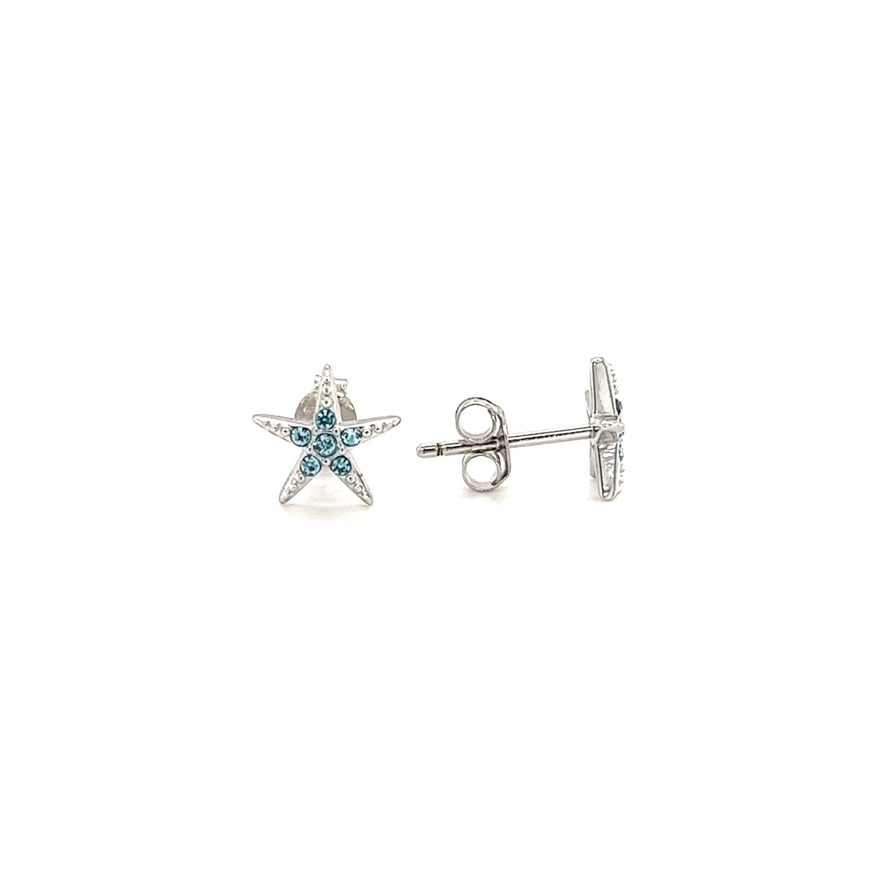 Starfish Stud Earrings with Aqua Crystals in Sterling Silver