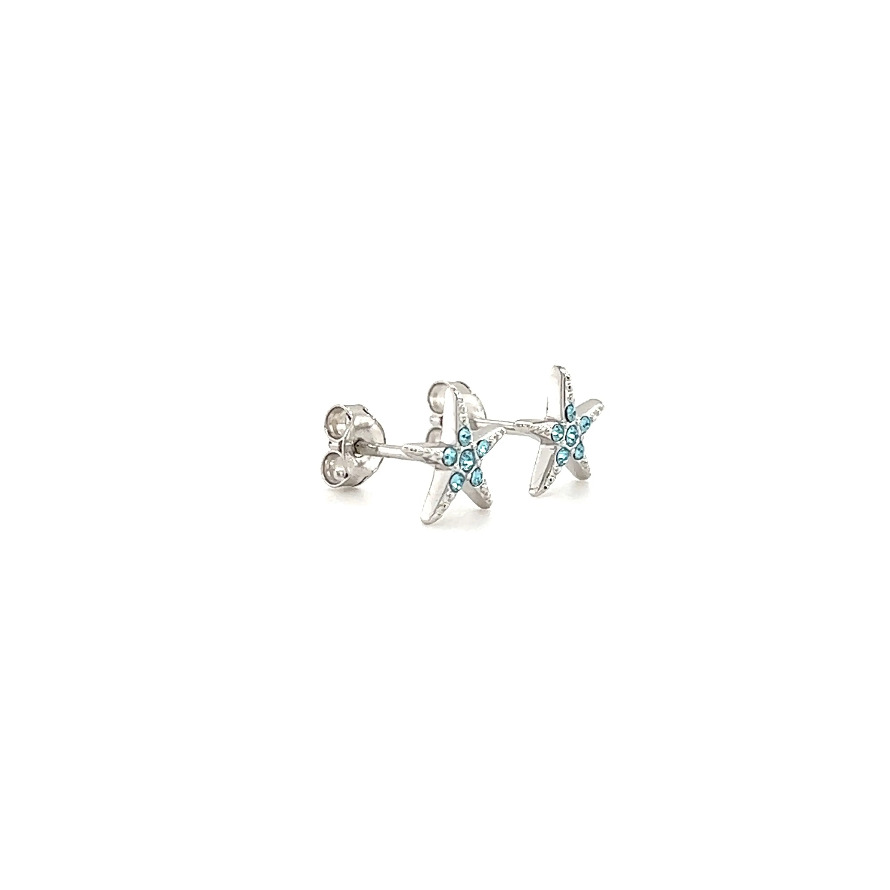 Starfish Stud Earrings with Aqua Crystals in Sterling Silver