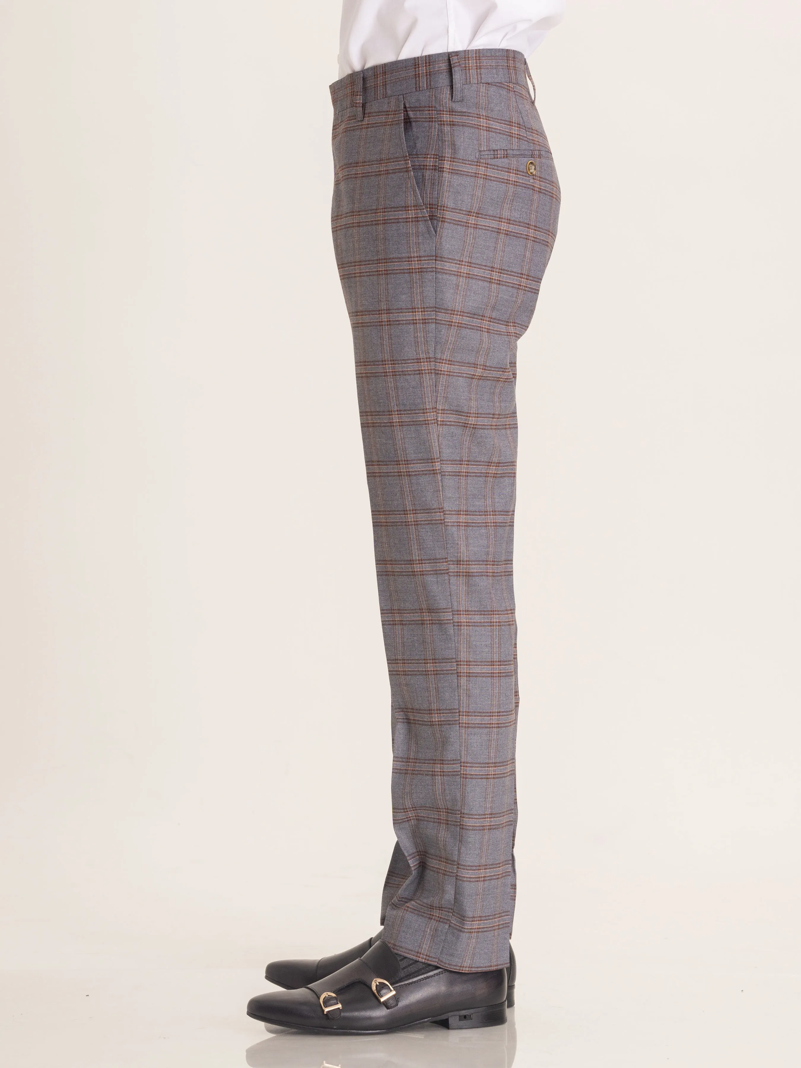 Trousers With Belt Loop - Grey with Brown Checkered (Stretchable)