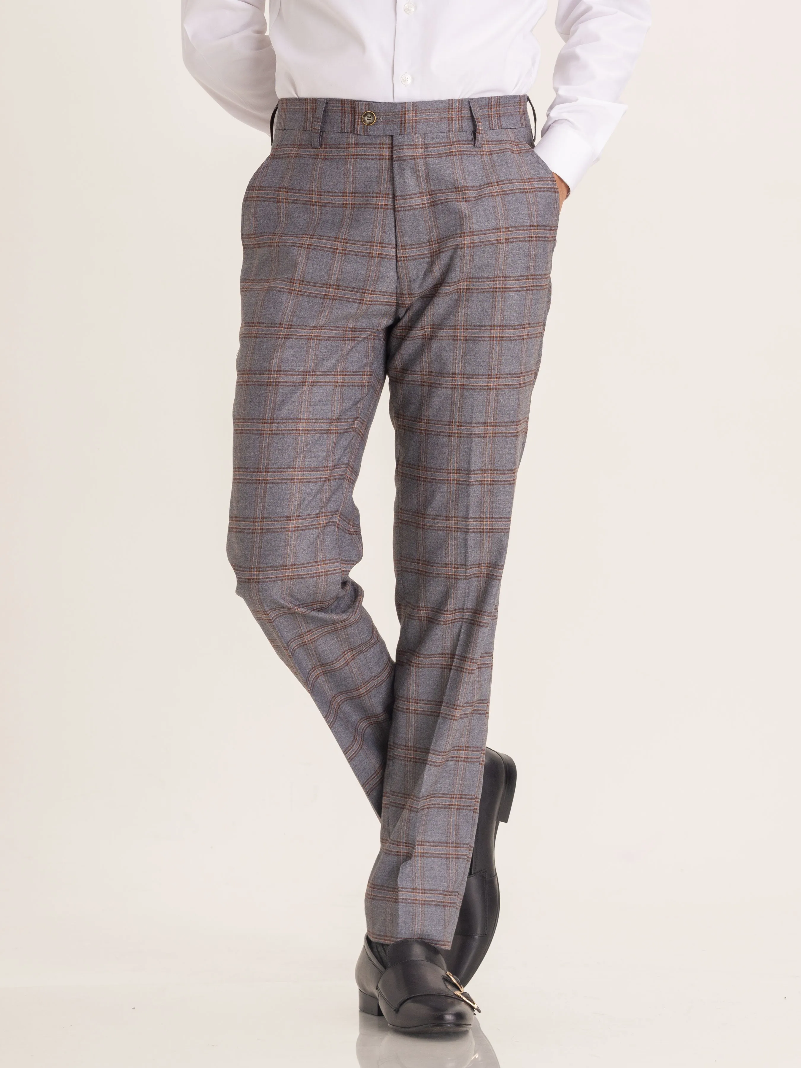 Trousers With Belt Loop - Grey with Brown Checkered (Stretchable)