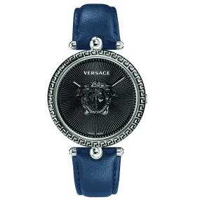 Versace VCO080017 Palazzo Empire Analouge Womens Blue Leather Black 39 Mm Dial Swiss Quartz Watch